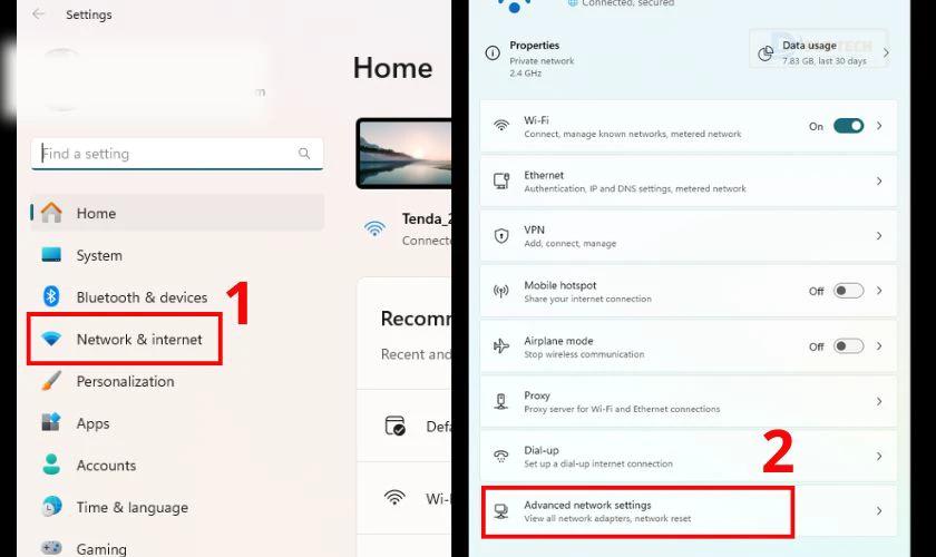 Mở Settings, chọn Network & Internet, nhấn vào Advanced network settings
