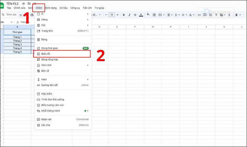 Truy cập menu Insert (Chèn), chọn Chart (Biểu đồ)