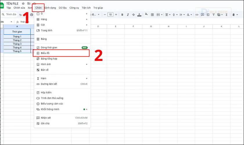 Truy cập menu Insert (Chèn), chọn Chart (Biểu đồ)