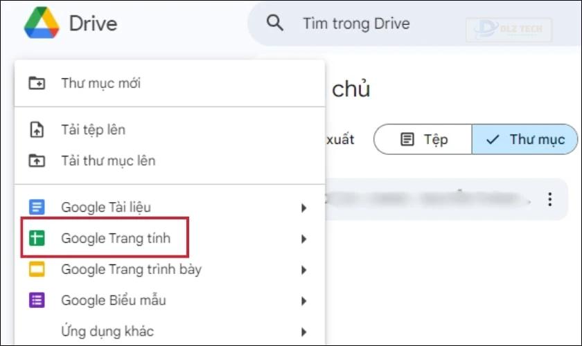 Trong các tùy chọn, bạn click vào mục Google Trang tính
