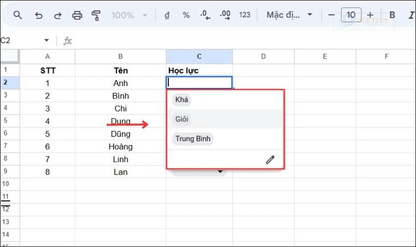Kết quả sau khi tạo lựa chọn trong Trang tính