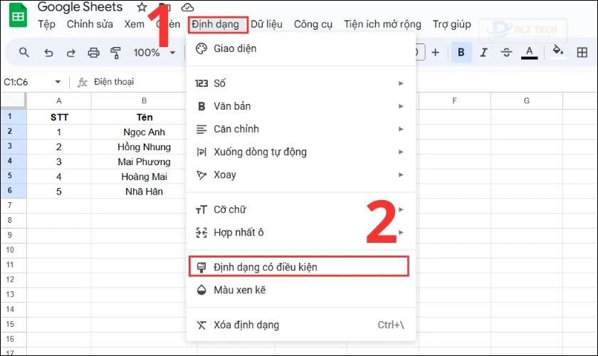 Chọn thẻ Định dạng để thêm màu cho bảng drop list