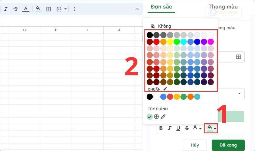Bảng màu đơn sắc để tạo drop list trong Google Sheets