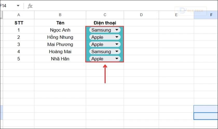 Kết quả sau khi tô màu cho bảng lựa chọn
