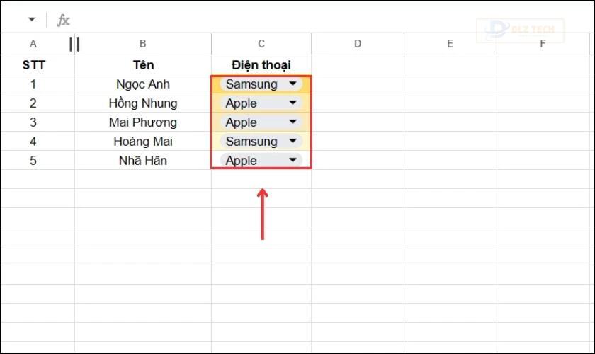 Kết quả sau khi tạo drop list theo thang màu trong Google Sheets