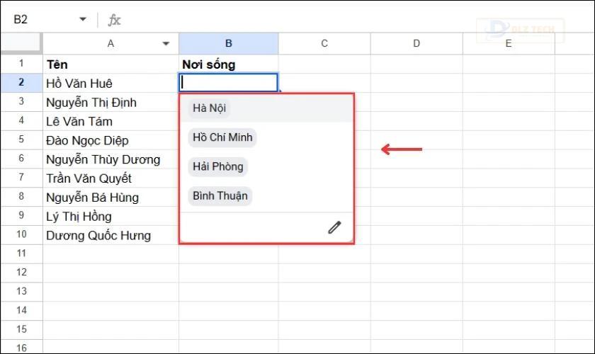 Kết quả sau khi bạn tạo drop list trong Google Sheets