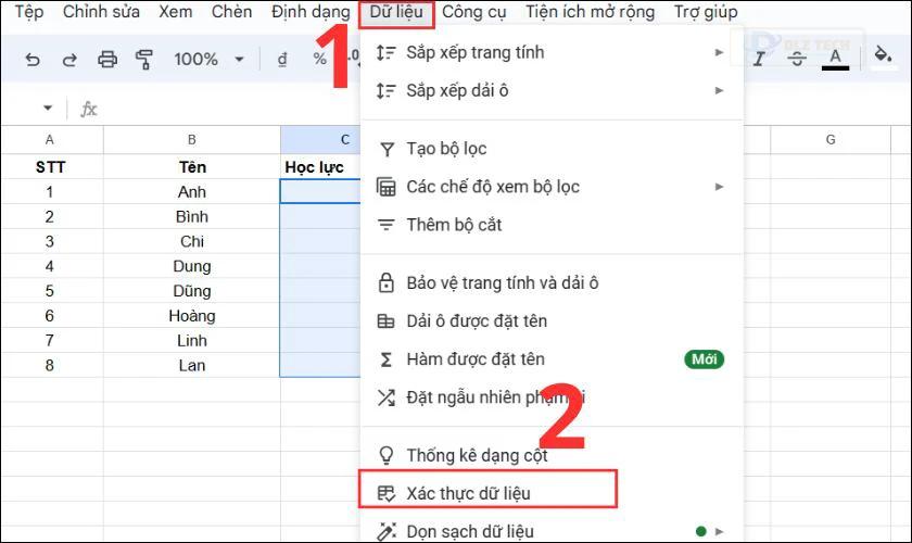 Bạn chọn Xác thực dữ liệu