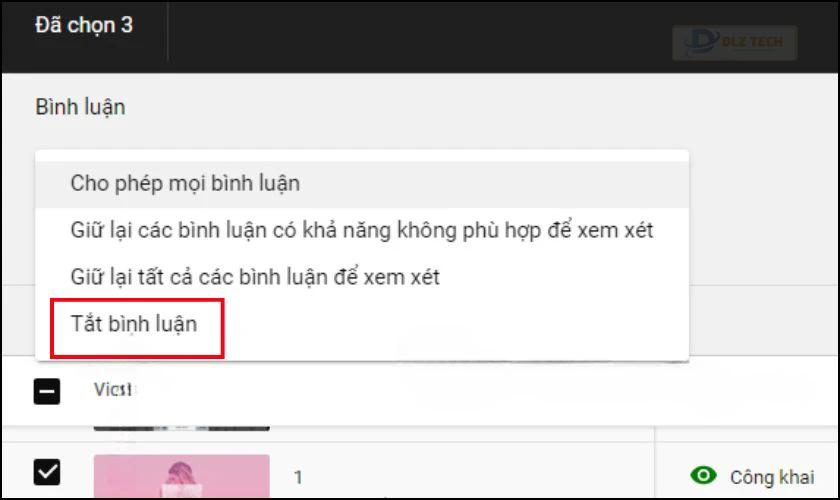 Chọn Tắt bình luận nhằm vô hiệu hóa