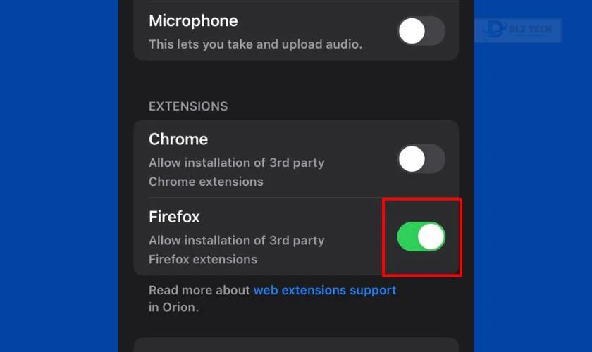 Sau đó bạn hãy tìm và bật công tắc chuyển sang màu xanh lá tại mục Firefox