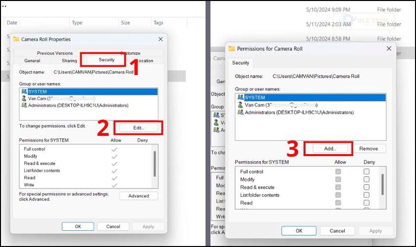 Chọn tab Security và nhấn nút Edit