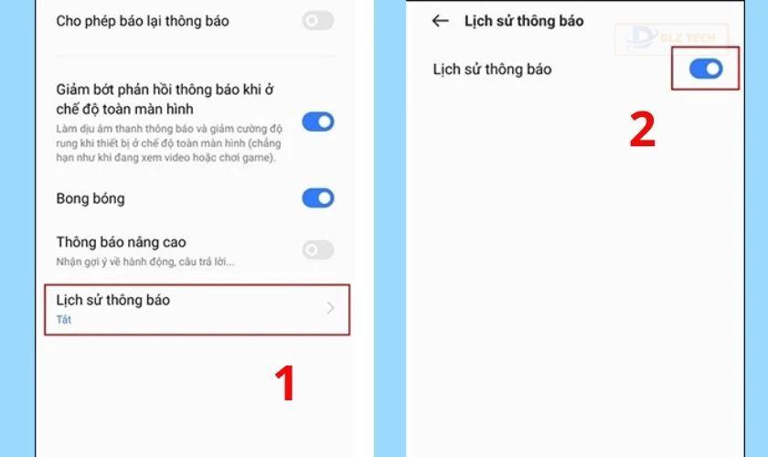 Mở chức năng xem lịch sử thông báo cũ