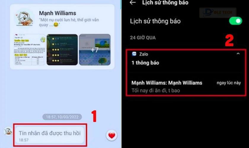 Khi có tin nhắn bị thu hồi trên Zalo, bạn có thể vào Lịch sử thông báo để xem lại nội dung tin nhắn