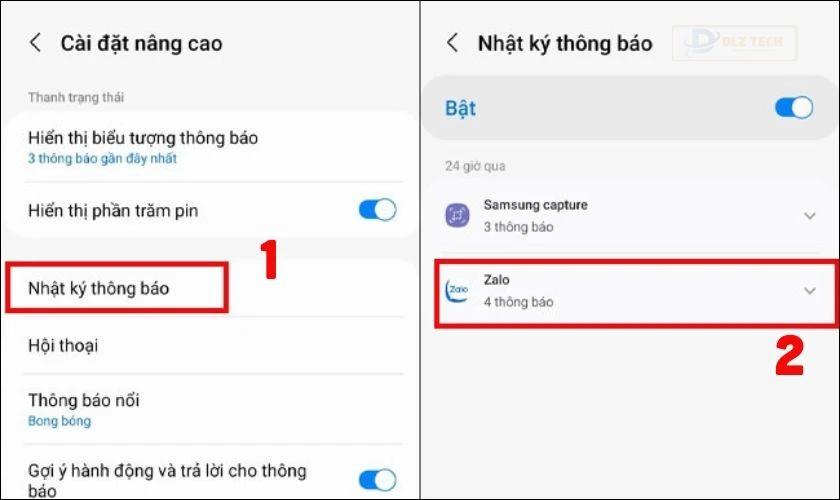 Bạn sẽ tiếp tục chọn vào mục Nhật ký thông báo và gạt thanh sang ngang để bật