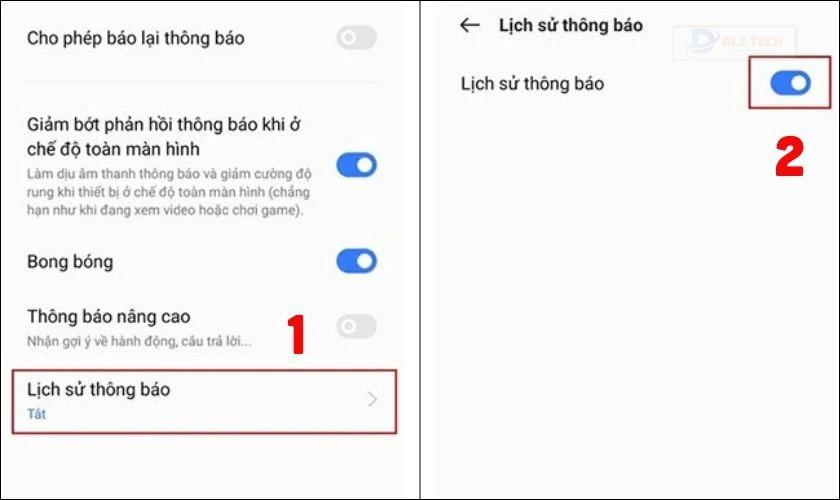 Tiếp theo bạn chọn vào mục Lịch sử thông báo và chọn Bật lịch sử thông báo
