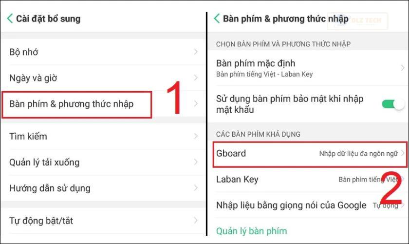 Chọn Bàn phím và phương thức nhập