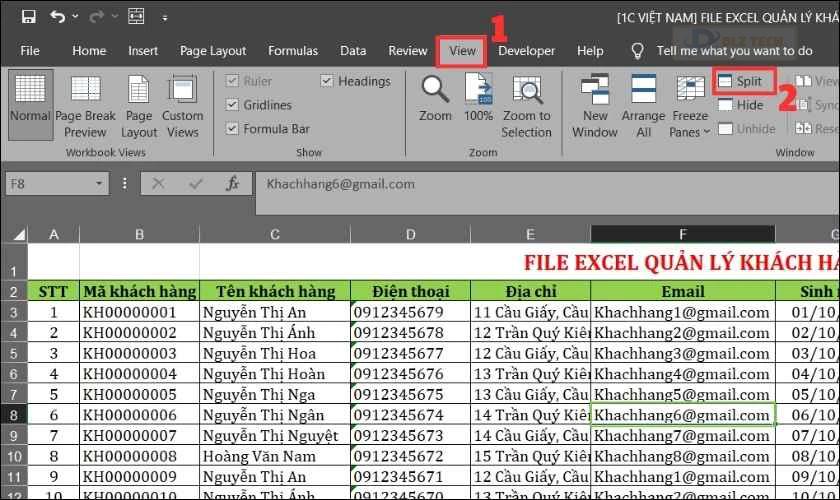Cách dùng chức năng Split tách trang tính thành 4 phần nhanh
