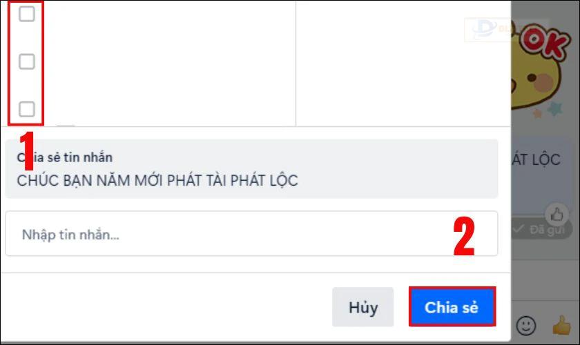Chọn nhóm chat Zalo hoặc các tài khoản Zalo bạn muốn gửi tin nhắn đến rồi nhấn Chia sẻ