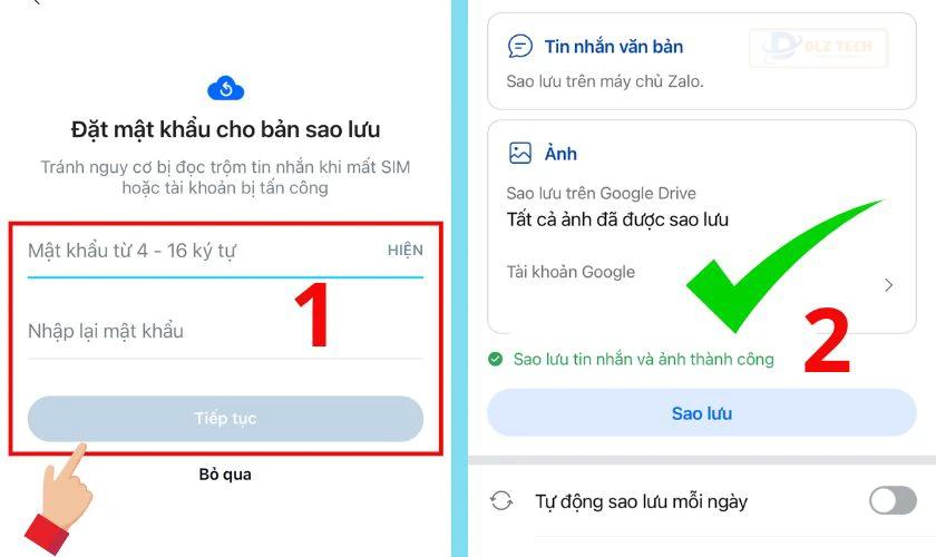 Nhập mật khẩu và sao lưu