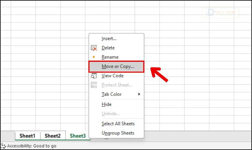 Chọn mục Move or Copy từ hộp thoại menu