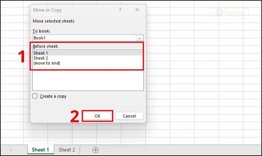 Chọn vị trí cần di chuyển sheet đến