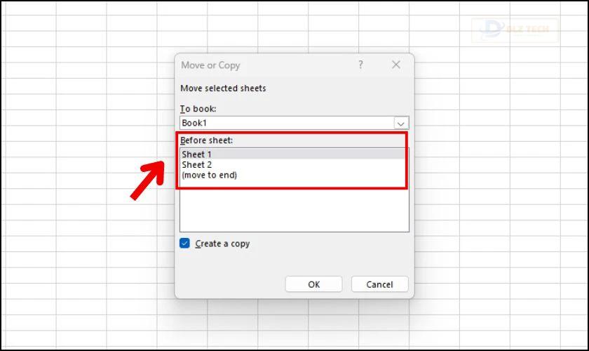 Chọn vị trí mà bạn muốn Copy sheet