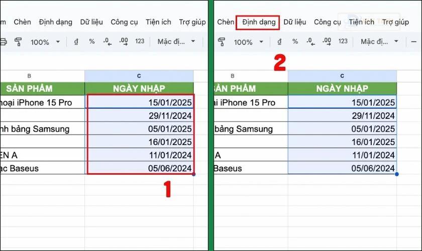 Định dạng ngày tháng trong Google Sheet bằng cách Định dạng