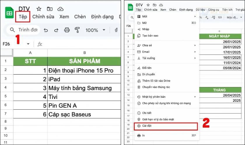 Nhấp vào Tệp trên thanh công cụ, chọn Cài đặt bảng tính
