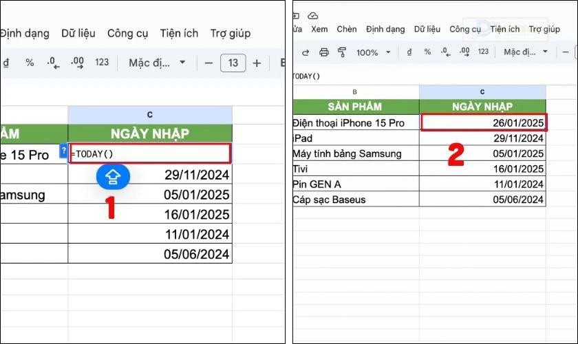 Định dạng ngày tháng trong Google Sheet bằng hàm TODAY