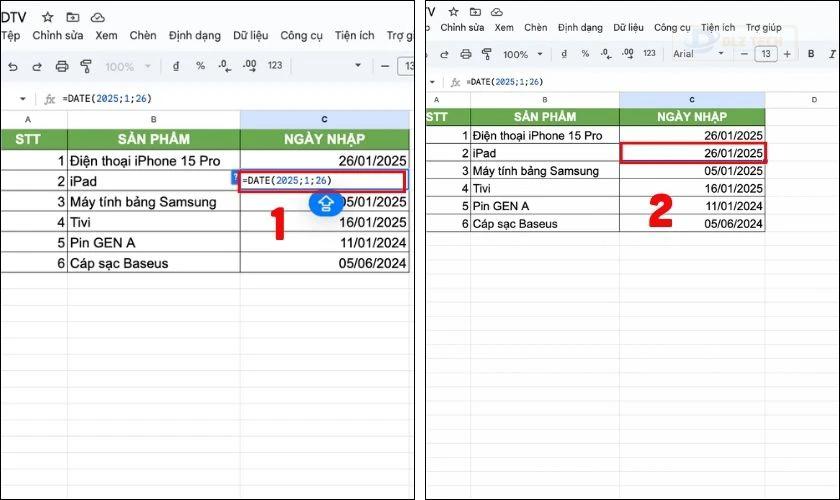 Định dạng ngày tháng trong Google Sheet bằng hàm DATE