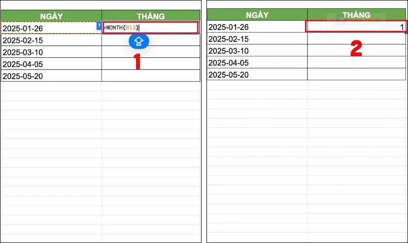 Định dạng ngày tháng trong Google Sheet bằng hàm MONTH
