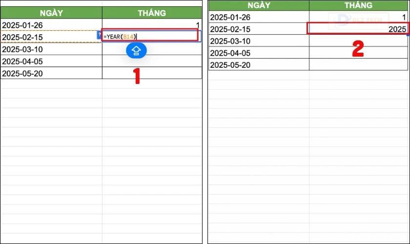 Định dạng ngày tháng trong Google Sheet bằng hàm YEAR