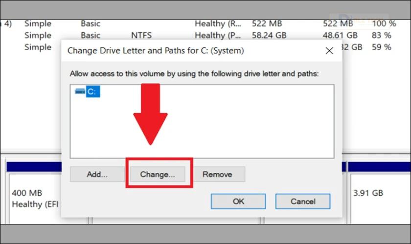 Chọn vào ô Change để tiếp tục thực hiện đổi tên ổ cứng