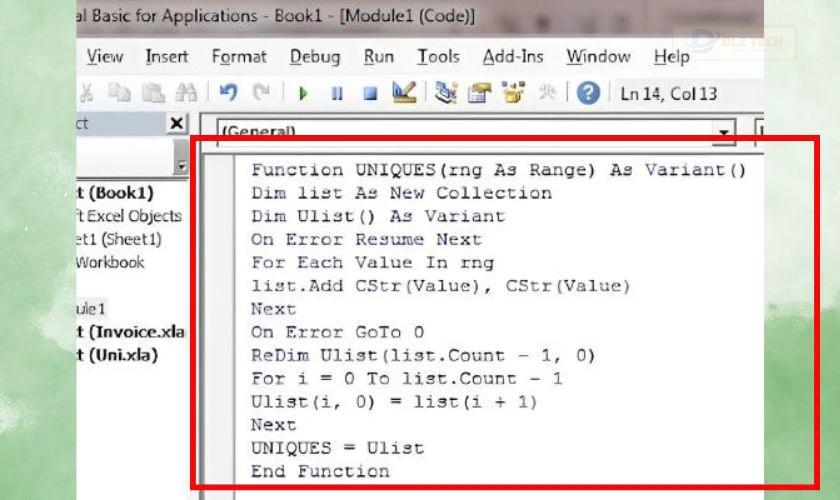 Sử dụng đoạn mã bên dưới vào module vừa tạo để thêm hàm Unique vào Excel 2016