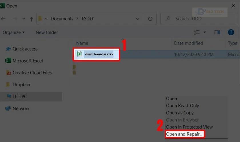 Nhấn chọn vào file bị lỗi sau đó nhấn chọn vào Open and Repair…