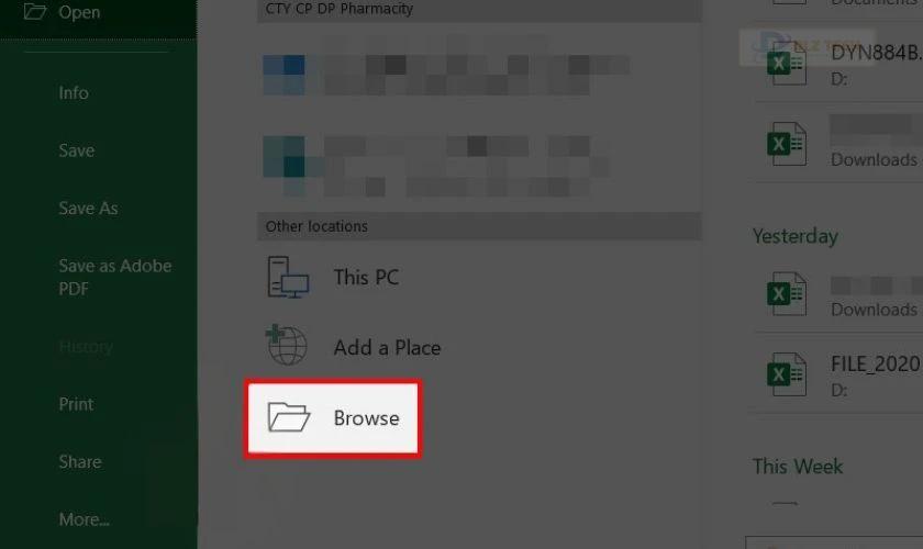 Nhấn tổ hợp phím Ctrl + O trên file Excel, sau đó nhấn chọn Browse