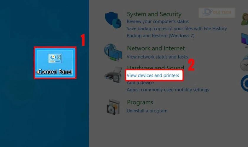 Mở Control Panel, sau đó nhấn chọn vào mục View devices and printers