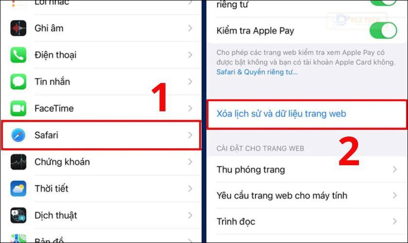 Chọn Xóa lịch sử và dữ liệu trang web cho iPhone