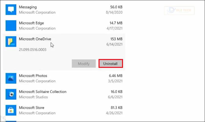 Trong cửa sổ Apps & features, bạn tìm và chọn OneDrive, sau đó nhấn Uninstall một lần nữa