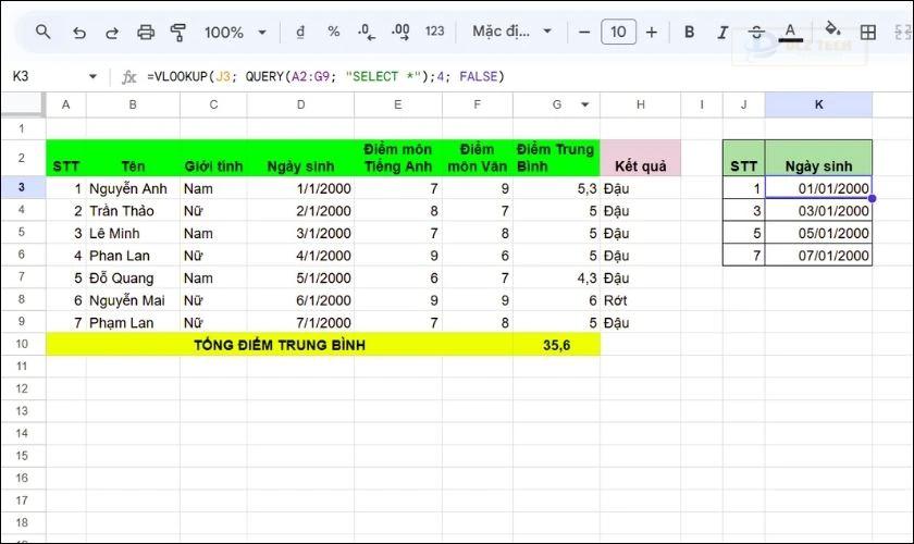Sử dụng hàm Vlookup với hàm Query