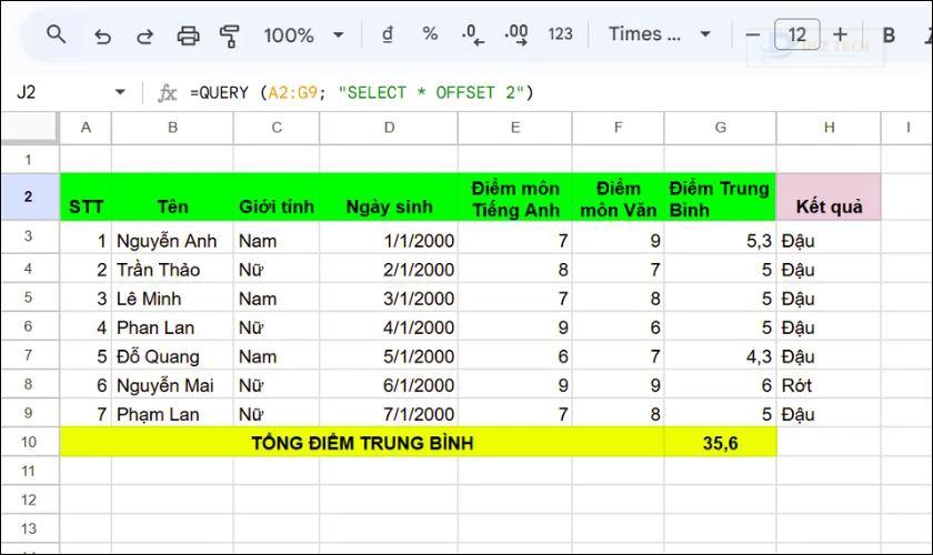 Câu lệnh Offset trong QUERY