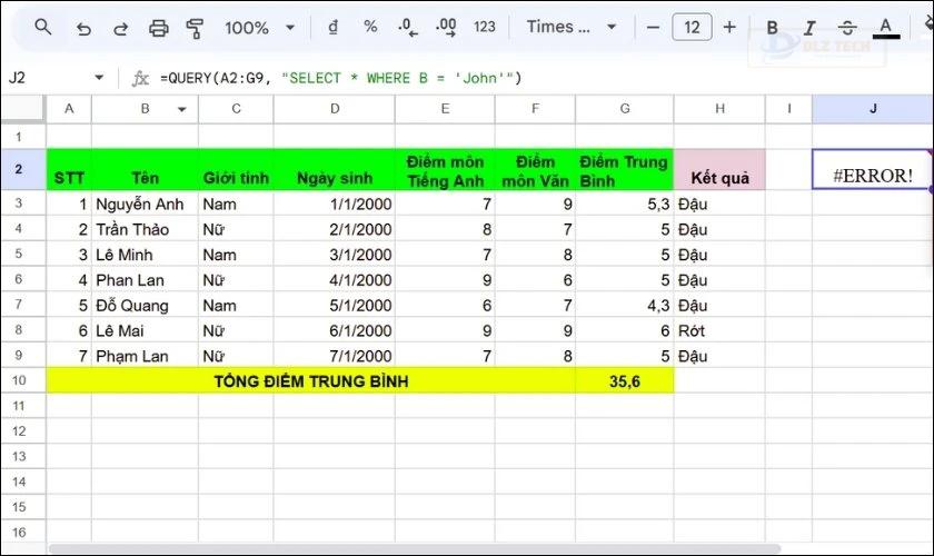 Lỗi #ERROR trong hàm QUERY