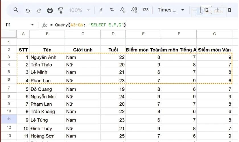 Lấy các cột dữ liệu cụ thể với hàm Query