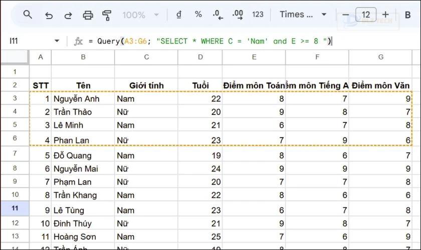 Trường hợp sử dụng nhiều điều kiện với hàm Query