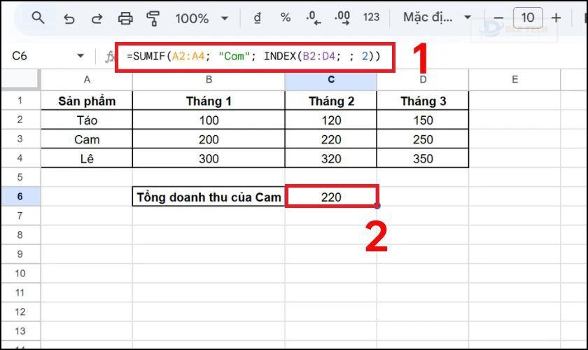 Kết hợp hàm SUMIF với hàm INDEX