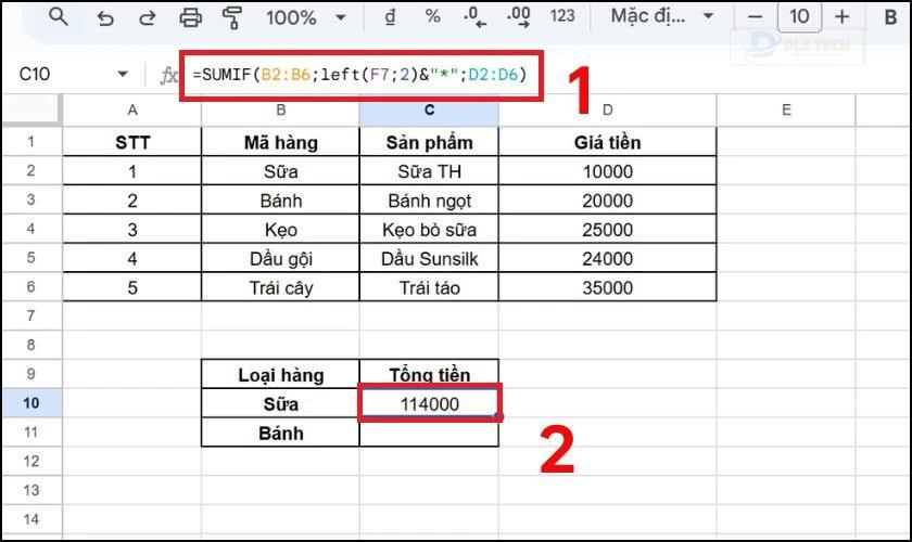 Kết hợp hàm SUMIF với hàm LEFT