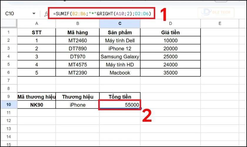 Kết hợp hàm SUMIF với hàm RIGHT