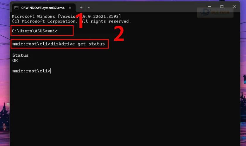 Nhập lệnh diskdrive get status và bấm Enter tiếp để kiểm tra ổ cứng máy tính