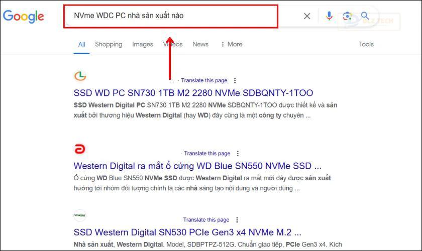 Nhập số model vào Google để kiểm tra ổ cứng máy tính
