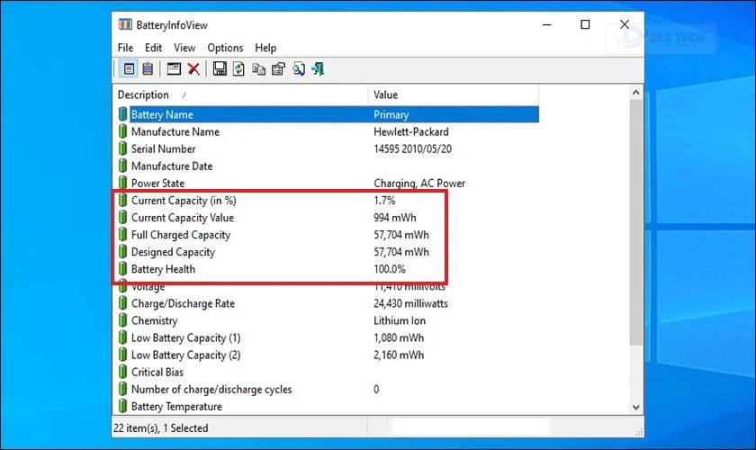 Giao diện chính của phần mềm sẽ hiển thị thông tin chi tiết về pin laptop