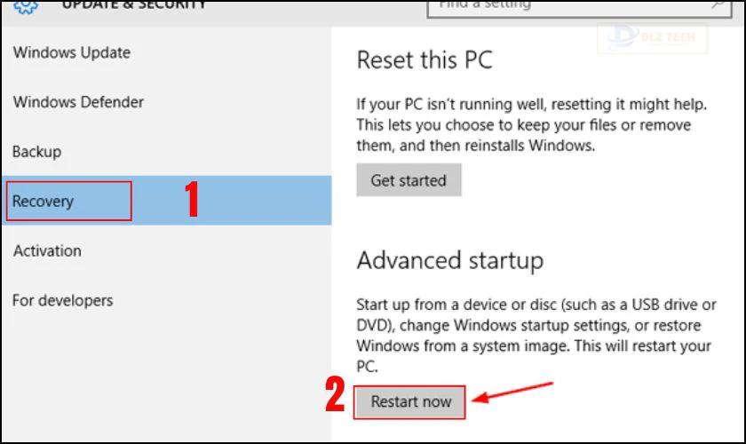 Chọn mục Recovery, nhấn Restart now